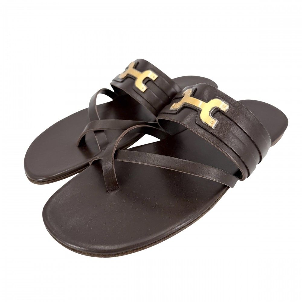 Hermes Sandals Flat Shoes 41.5 Leather Brown Gold Spring Summer
