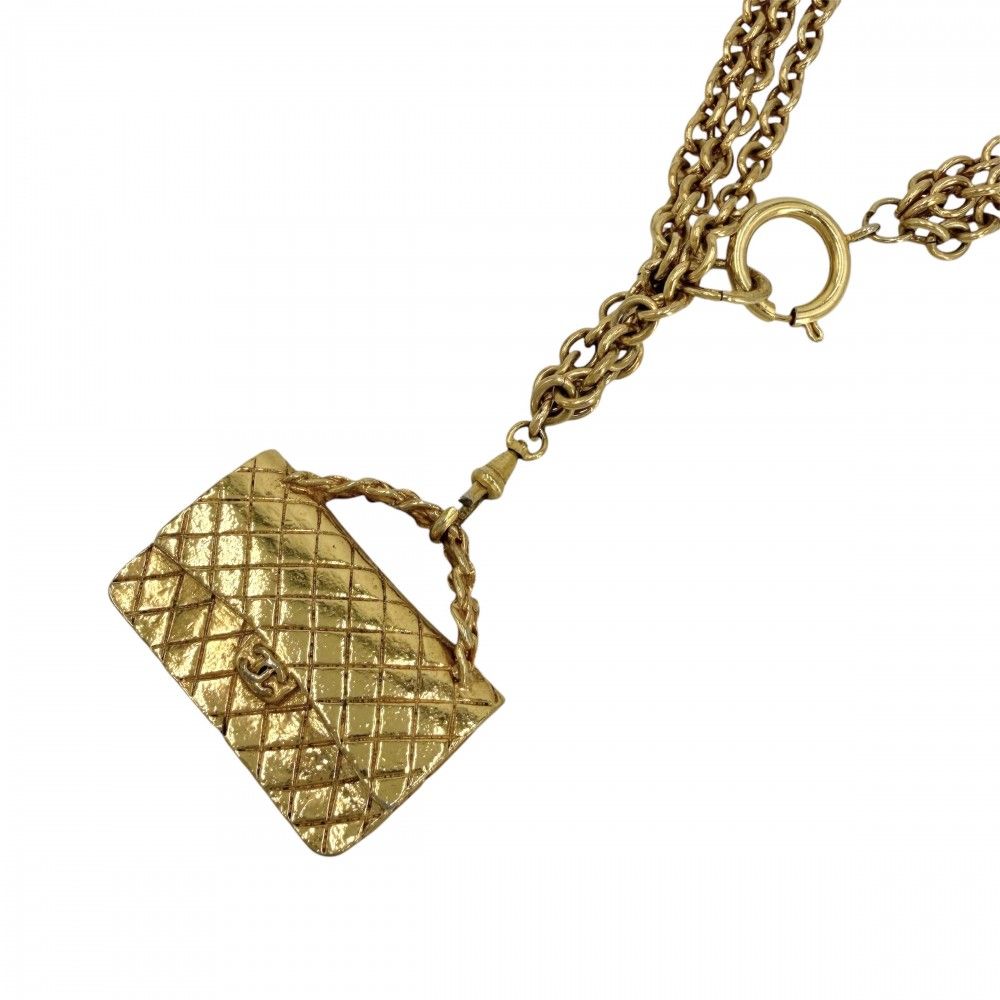 Chanel Necklace CC Logo Quilted Motif Bag Pendant Vintage Gold Plated