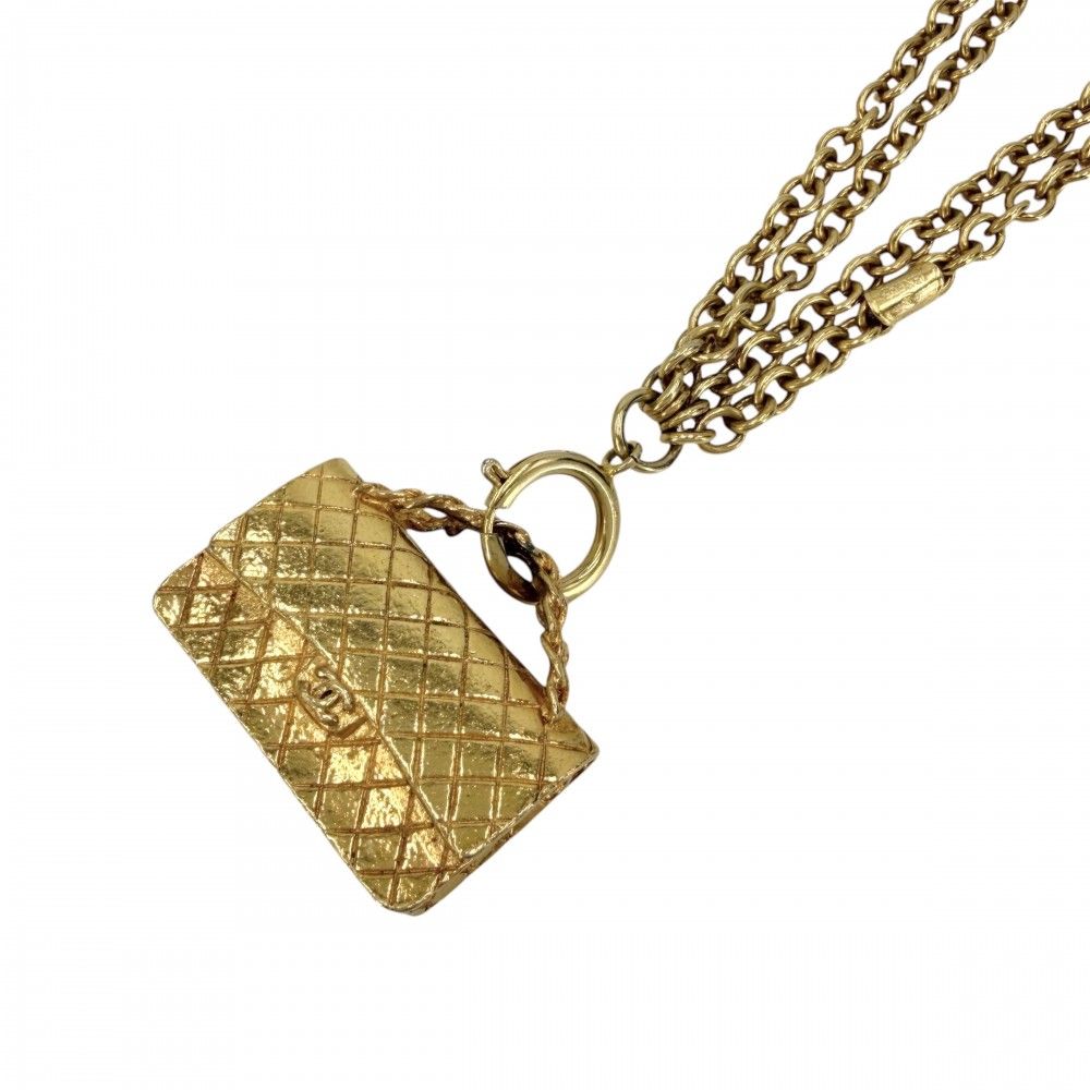 Chanel Necklace CC Logo Quilted Motif Bag Pendant Vintage Gold Plated
