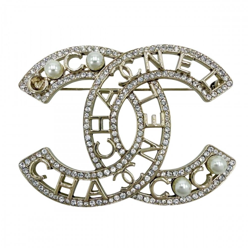 Chanel Brooch CC Logo Rhinestone Faux Pearl Silver