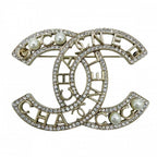 Chanel Brooch CC Logo Rhinestone Faux Pearl Silver