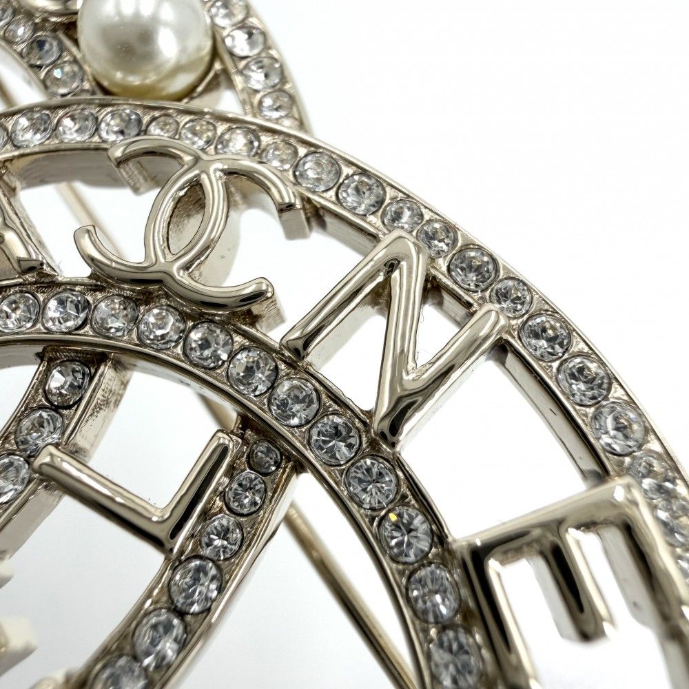 Chanel Brooch CC Logo Rhinestone Faux Pearl Silver — view 8