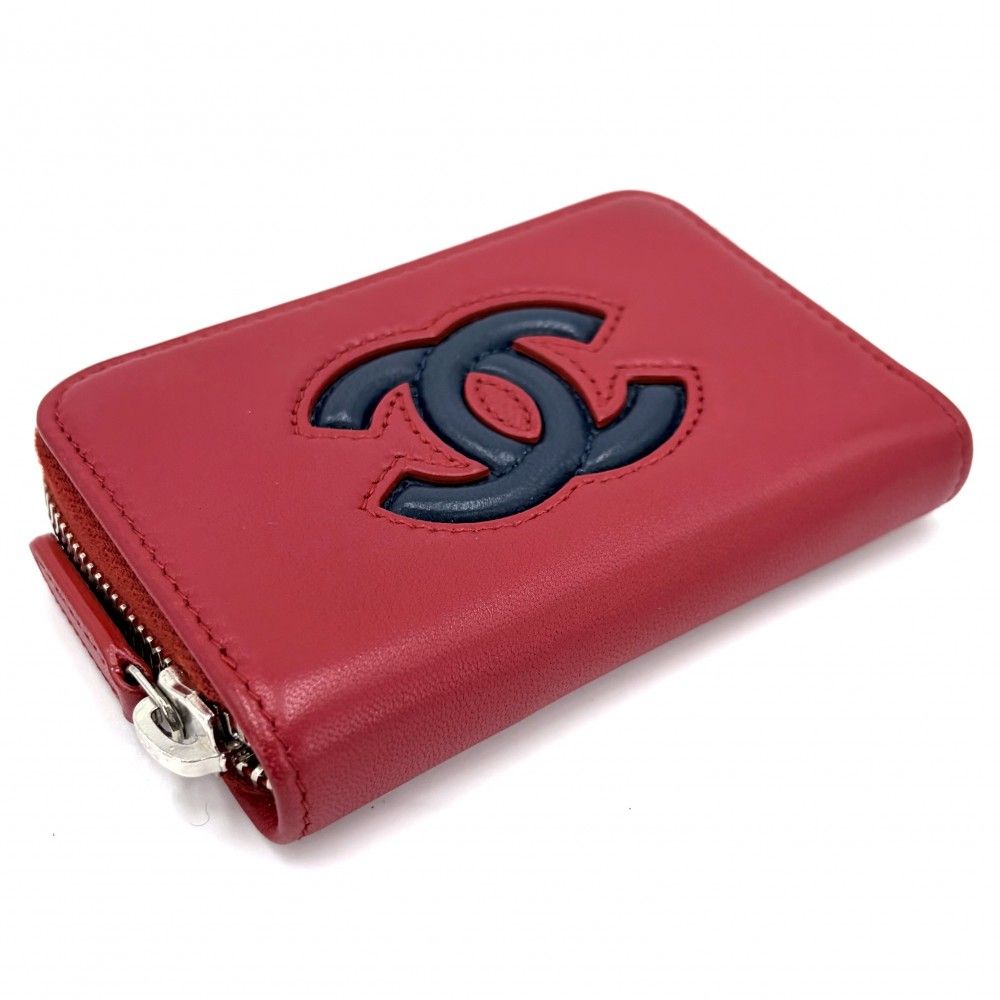 Chanel Coin Case Card CC Logo Purse Leather Red Navy Silver — view 3