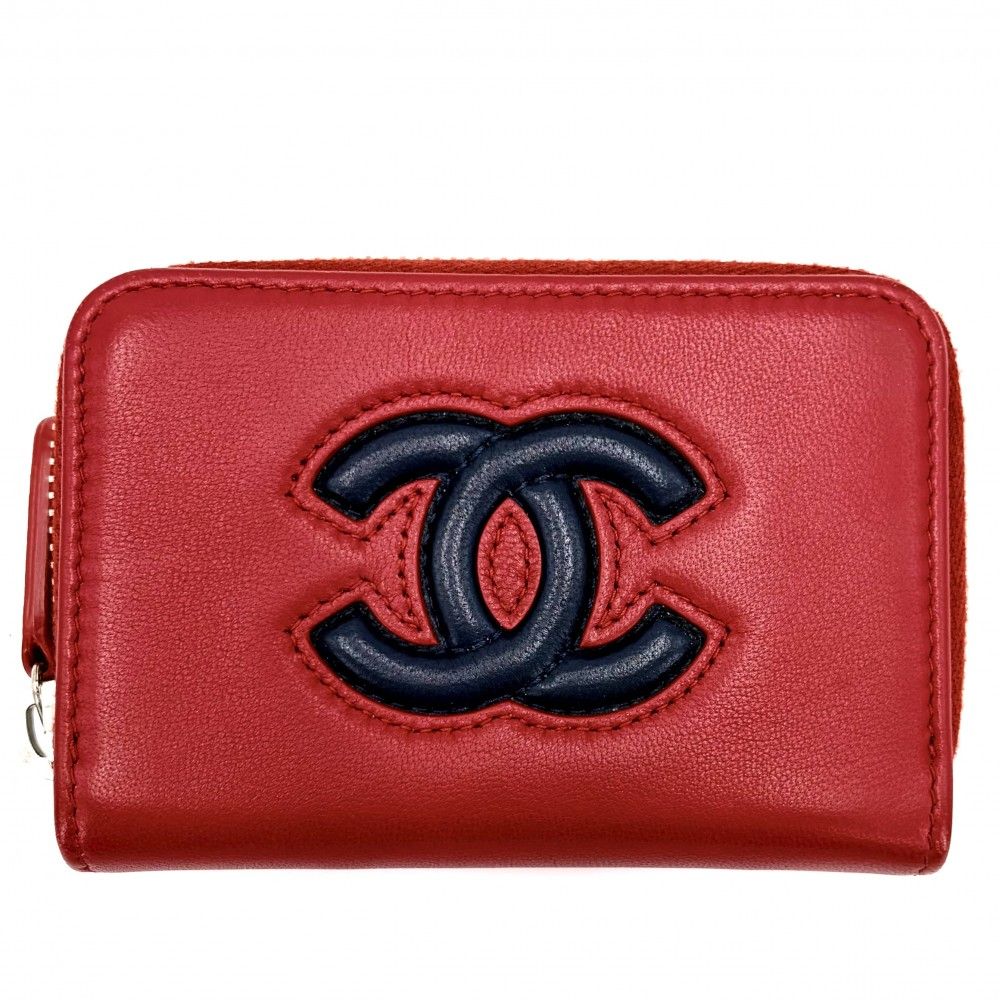 Chanel Coin Case Card CC Logo Purse Leather Red Navy Silver
