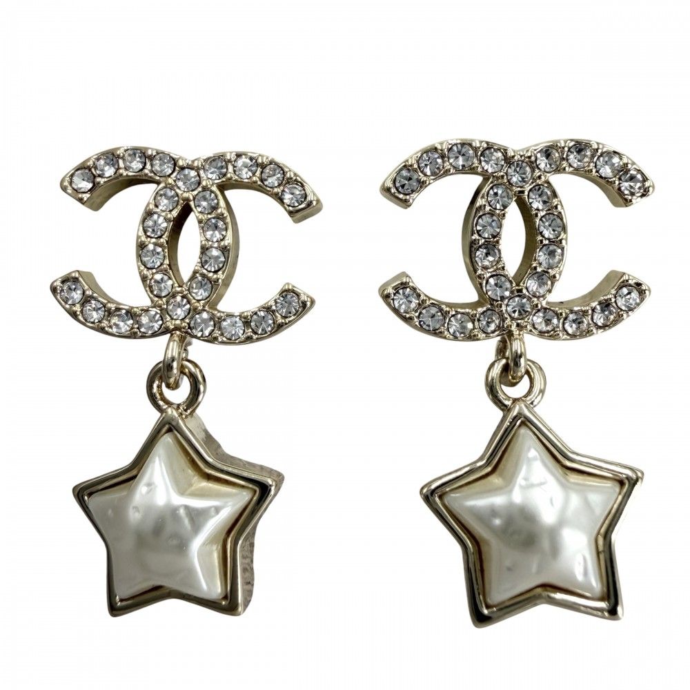 Chanel Earrings CC Logo Swing Star Rhinestone Faux Pearl 24c Gold