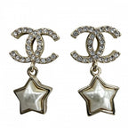 Chanel Earrings CC Logo Swing Star Rhinestone Faux Pearl 24c Gold