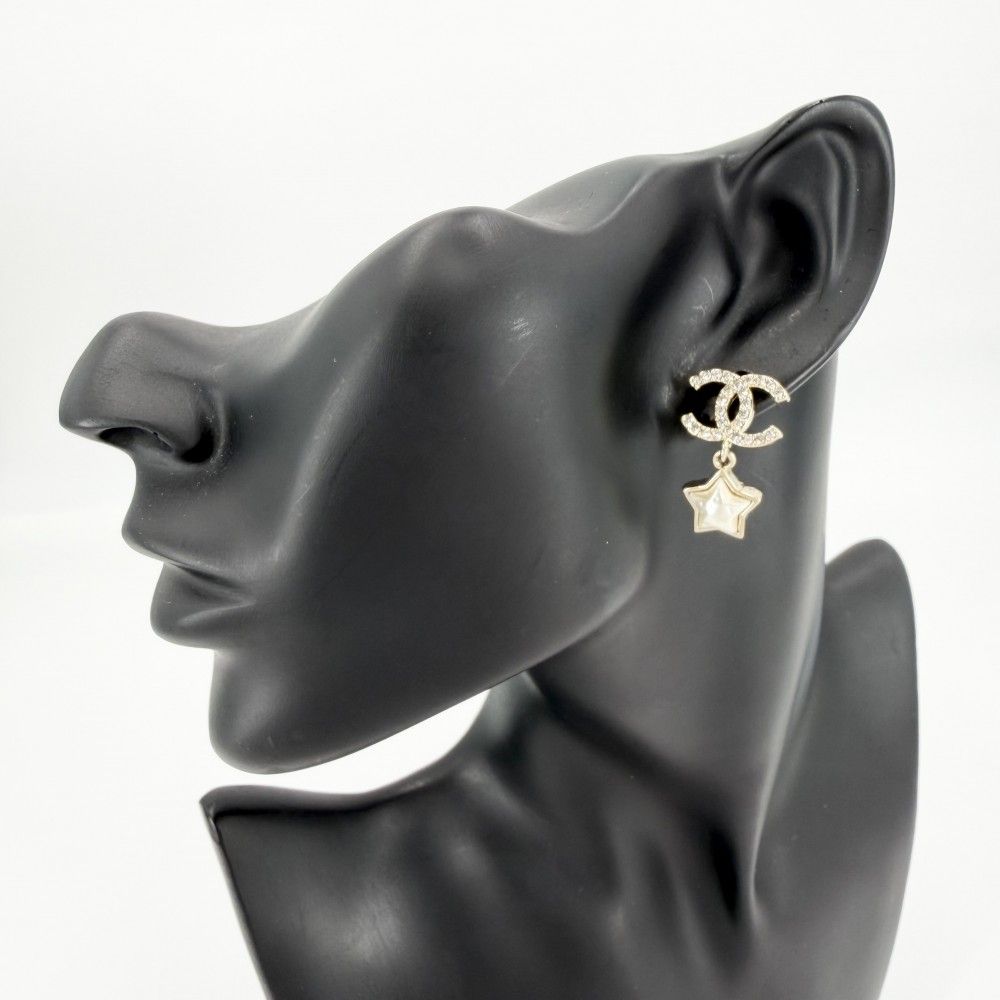 Chanel Earrings CC Logo Swing Star Rhinestone Faux Pearl 24c Gold — view 2
