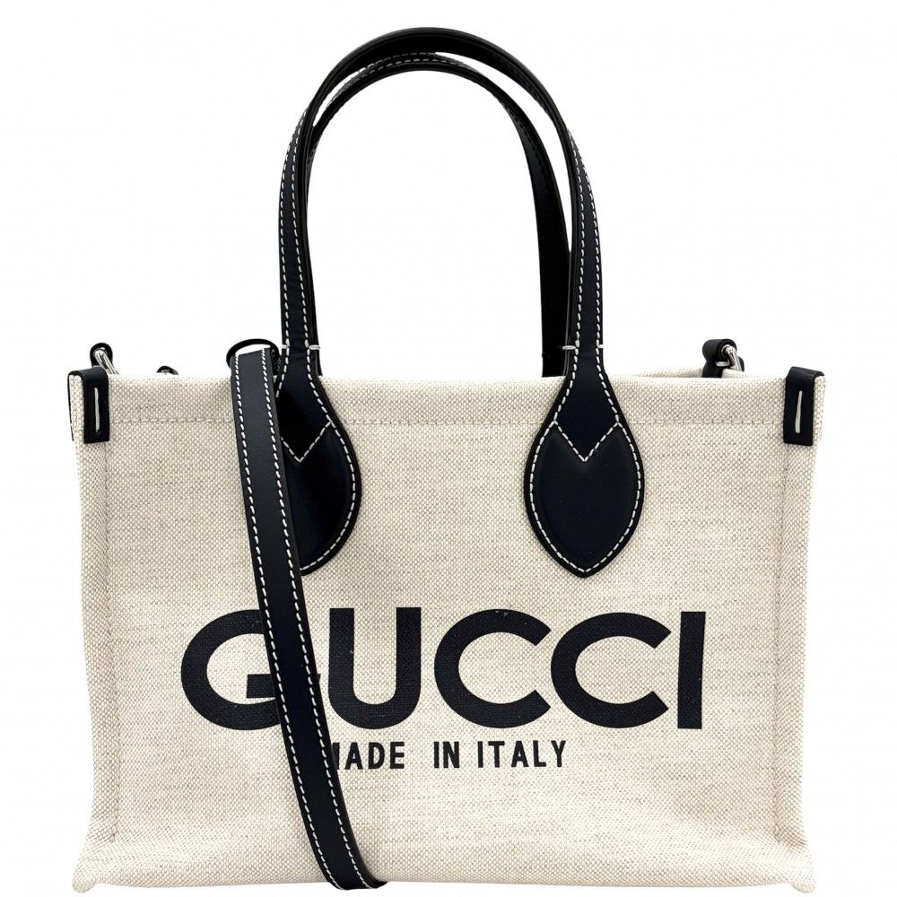 Gucci 2-Way Tote Shoulder Crossbody Lido Cotton Linen Beige Navy Silver