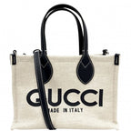Gucci 2-Way Tote Shoulder Crossbody Lido Cotton Linen Beige Navy Silver