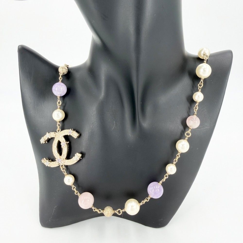 Chanel Necklace Star CC Logo Long Faux Pearl Rhinestone Gold Multicolor — view 2