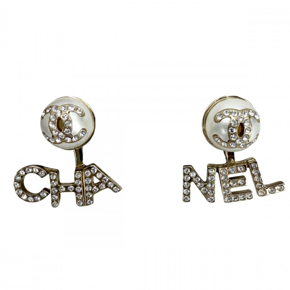 Chanel Earrings CC Logo Swing Rhinestone Faux Pearl Gold