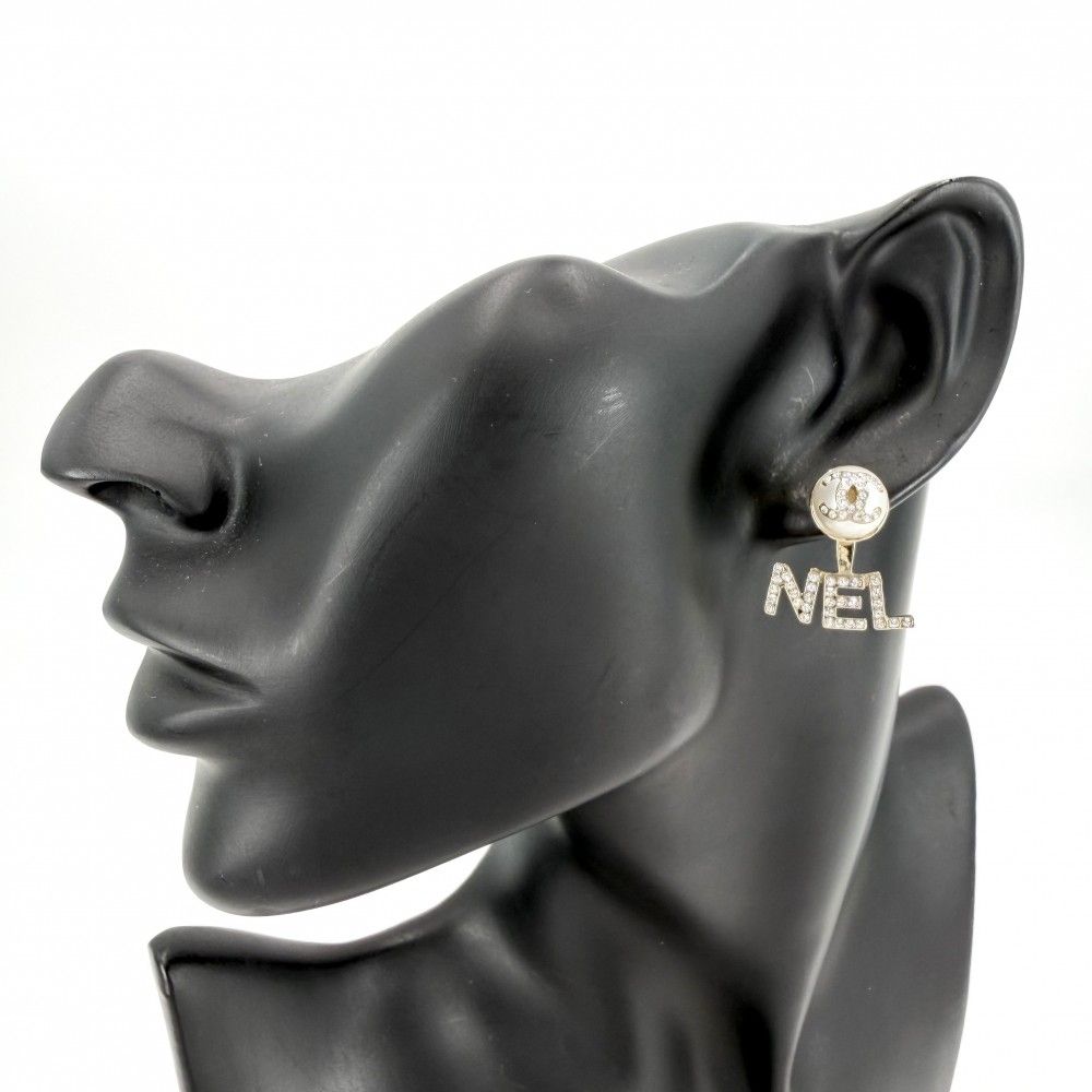 Chanel Earrings CC Logo Swing Rhinestone Faux Pearl Gold — view 2