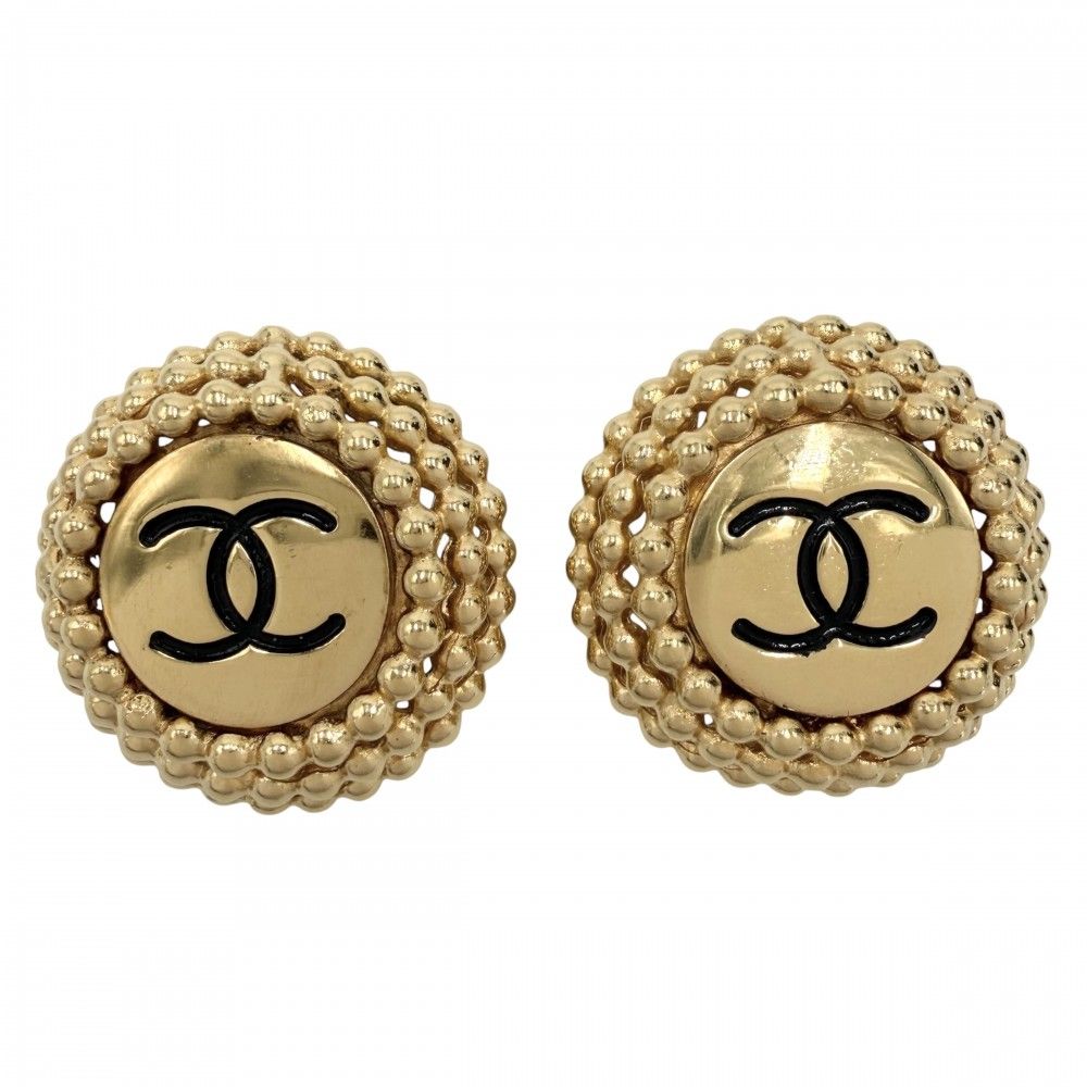 Chanel Earrings CC Logo Round Vintage Gold Plated