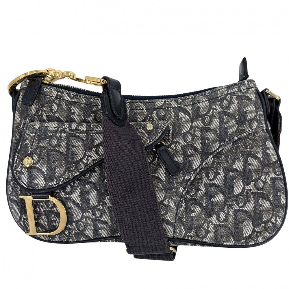 Dior Shoulder Bag Trotter Canvas Leather Navy Gold