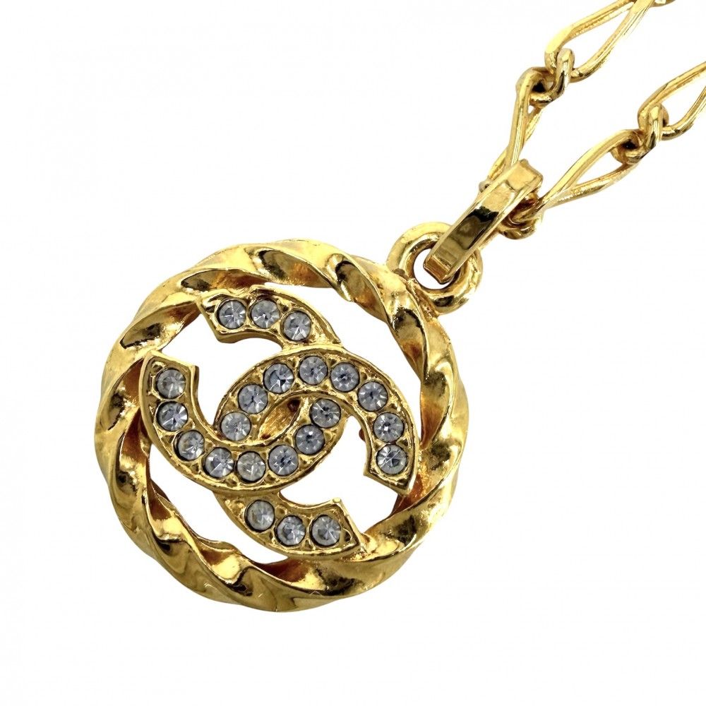 Chanel Necklace CC Logo Curl Vintage Chain Rhinestone Gold