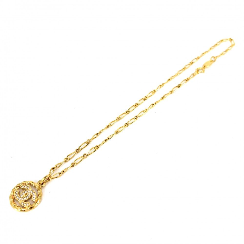 Chanel Necklace CC Logo Curl Vintage Chain Rhinestone Gold — view 6
