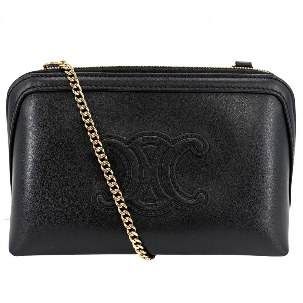 Celine Shoulder Bag Pochette Cuill Triomphe Crossbody Leather Black Gold