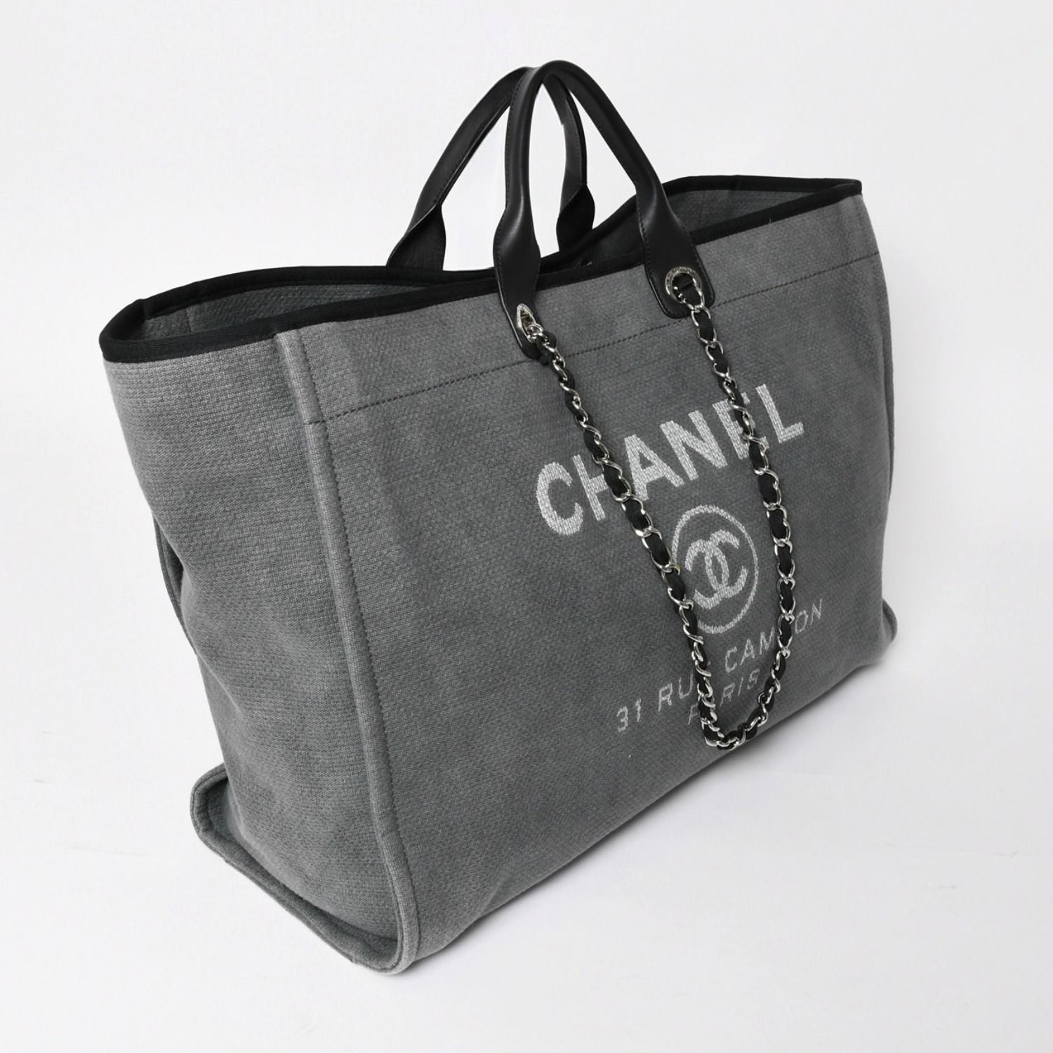 Chanel Deauville TGM Bag CC Logo Canvas Leather Gray — view 3