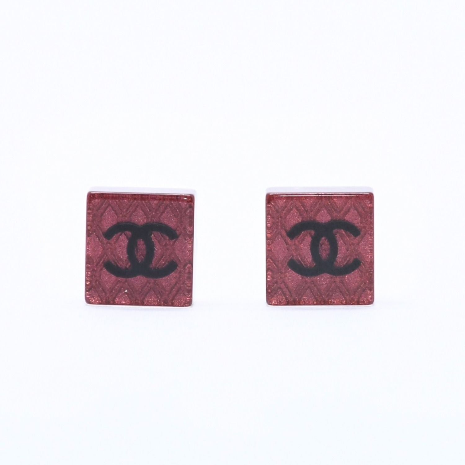 Chanel CC Logo Square Earrings 15 Resin Metal Clear