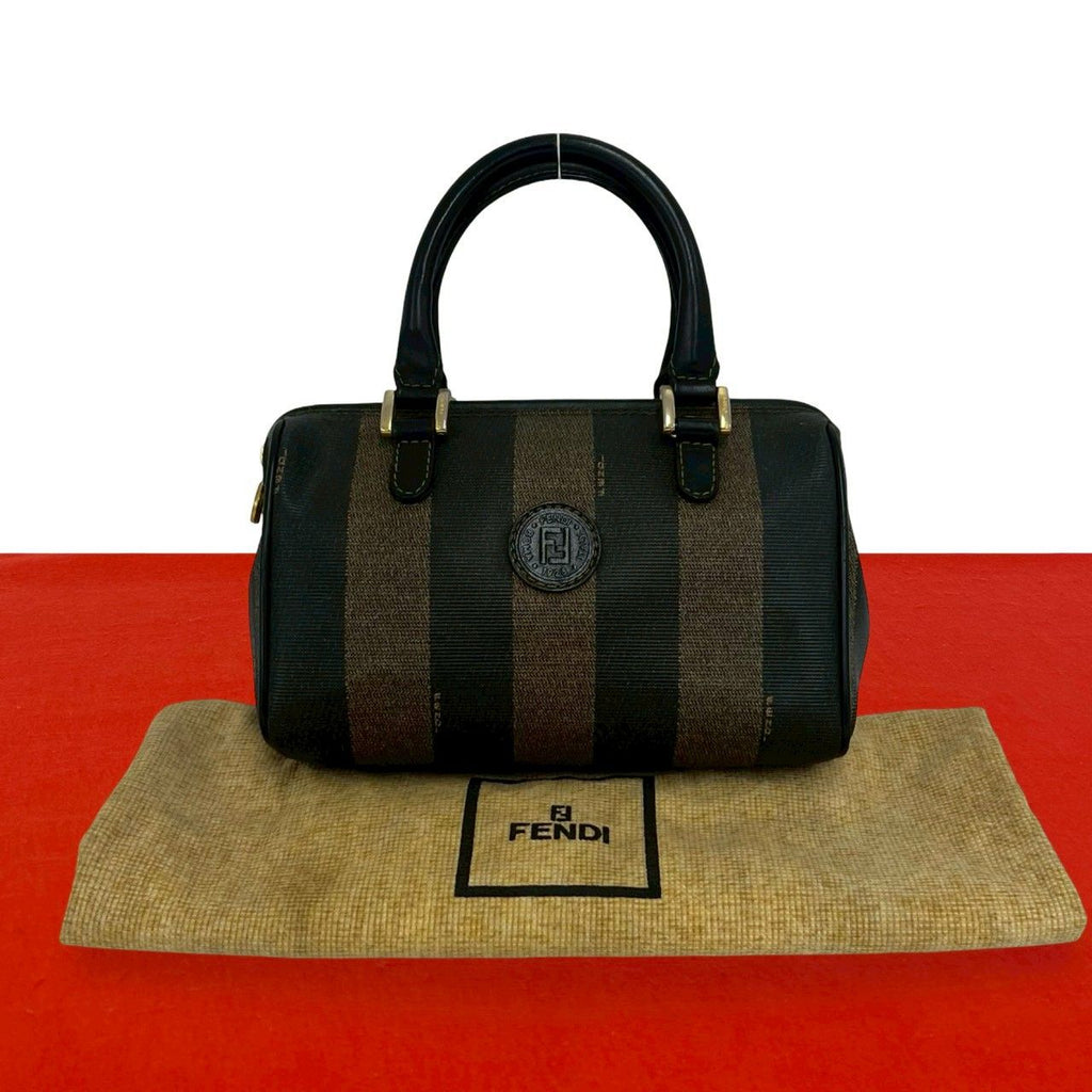 Fendi Pecan Stripe Pattern FF Logo Leather Mini Boston Bag Black