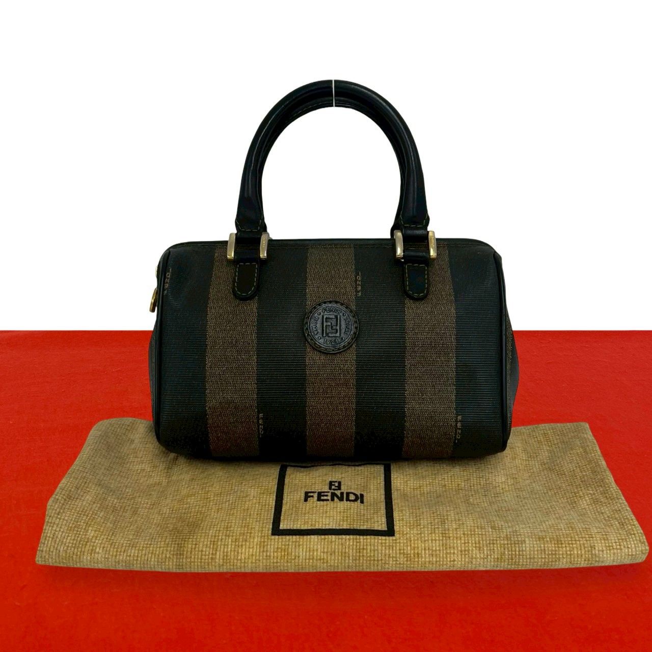 Fendi Pecan Stripe Pattern FF Logo Leather Mini Boston Bag Black