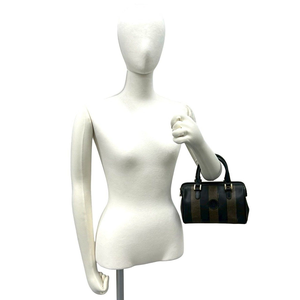 Fendi Pecan Stripe Pattern FF Logo Leather Mini Boston Bag Black — view 2