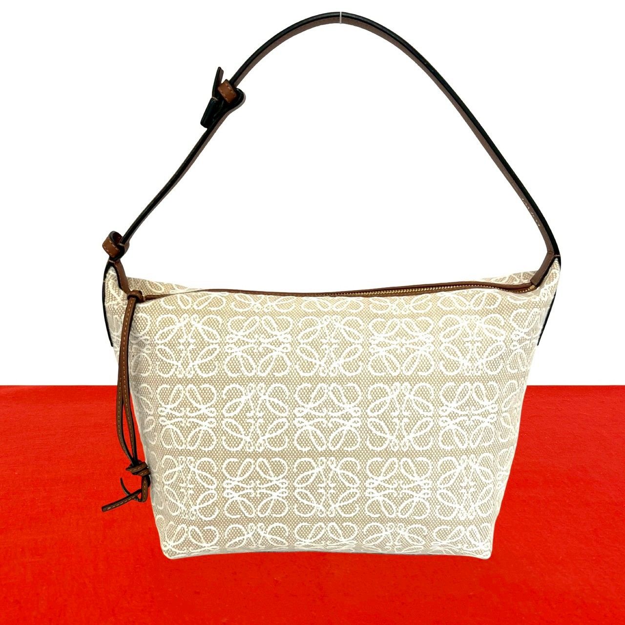 Loewe Cubby Anagram Canvas Leather Shoulder Bag Beige