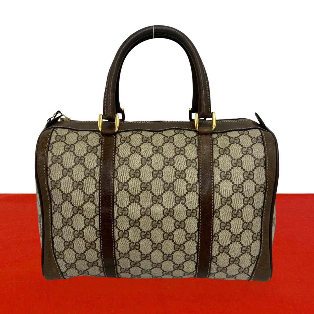 Gucci Vintage GG Pattern Leather Mini Boston Bag Tote Brown
