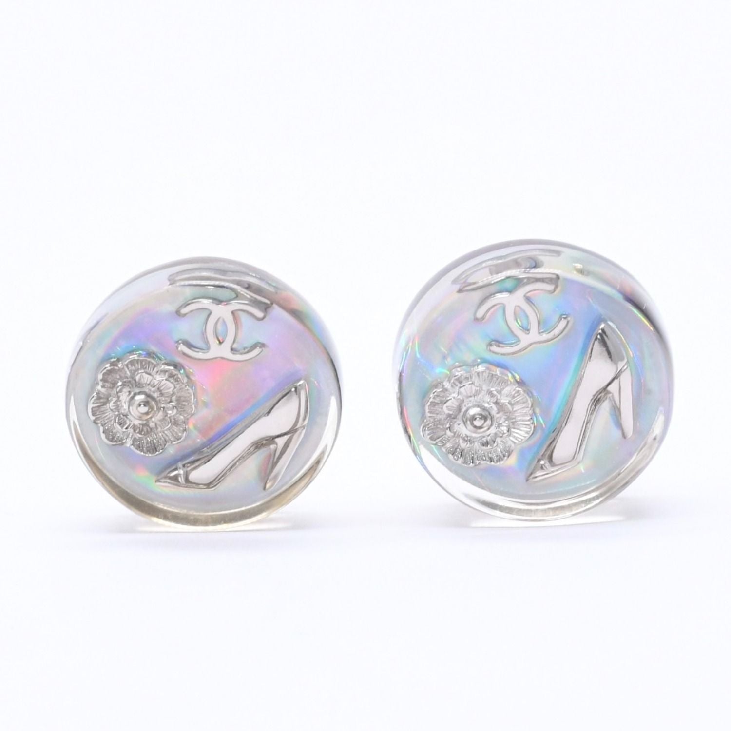Chanel CC Logo Earrings 97 Resin Metal Aurora Clear Silver