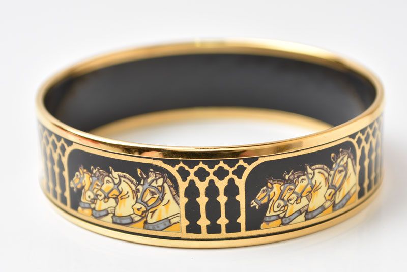 Hermes Bangle Bracelet Enamel GM Black Gold Horse Motif — view 4