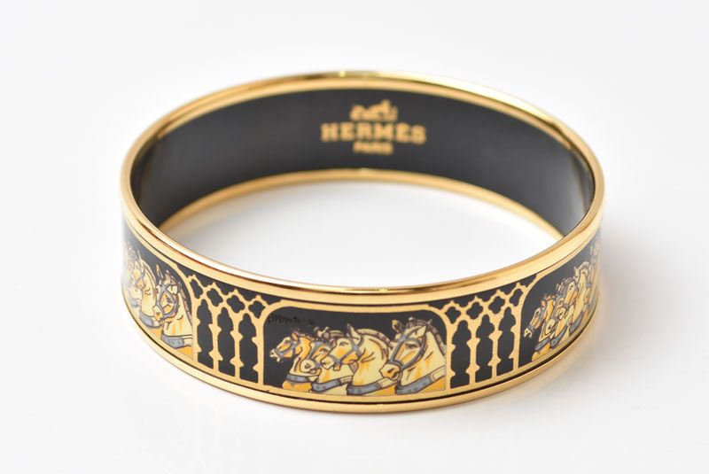 Hermes Bangle Bracelet Enamel GM Black Gold Horse Motif