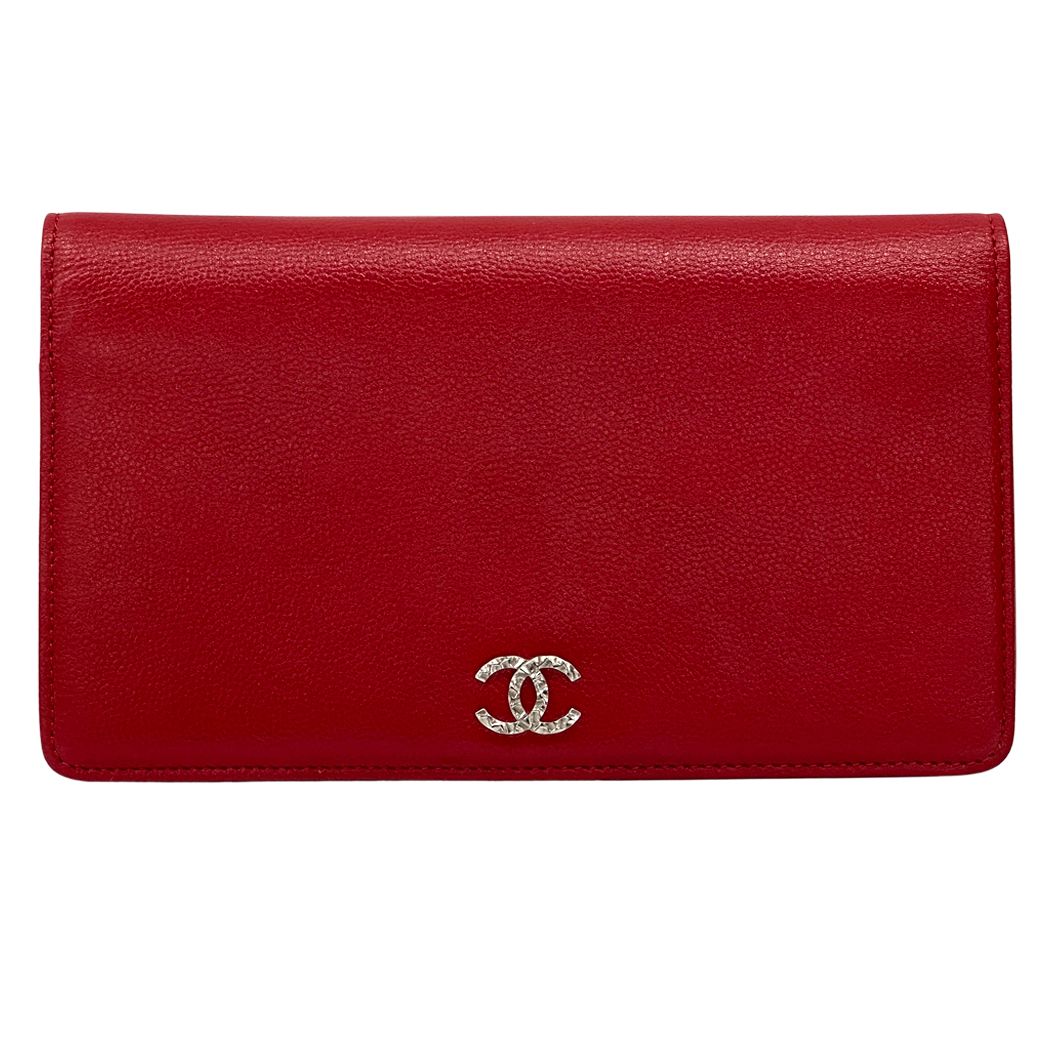 Chanel Wallet Sevruga Leather Red Silver CC Logo