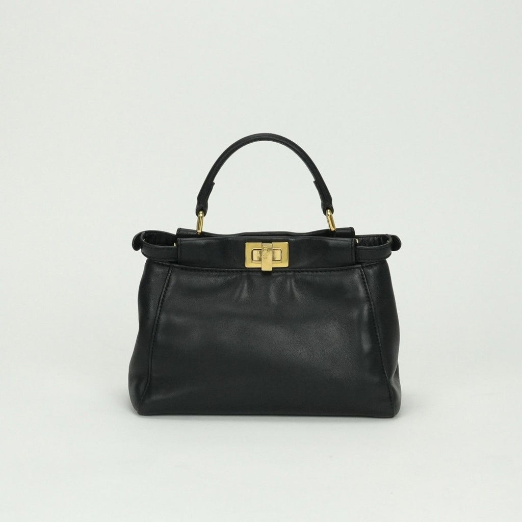 Fendi Peekaboo Small Mini Bag Tote Leather Black Gold 2-Way