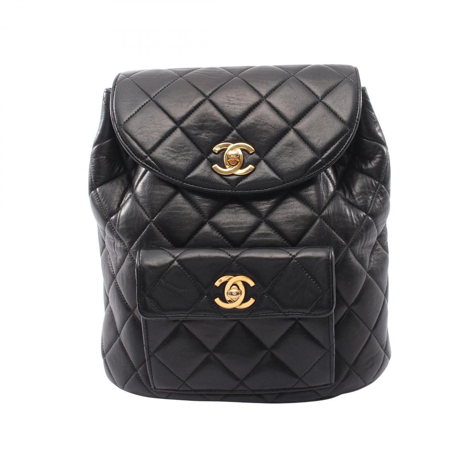 Chanel Backpack Quilted Turnlock Chain Black Lambskin Double
