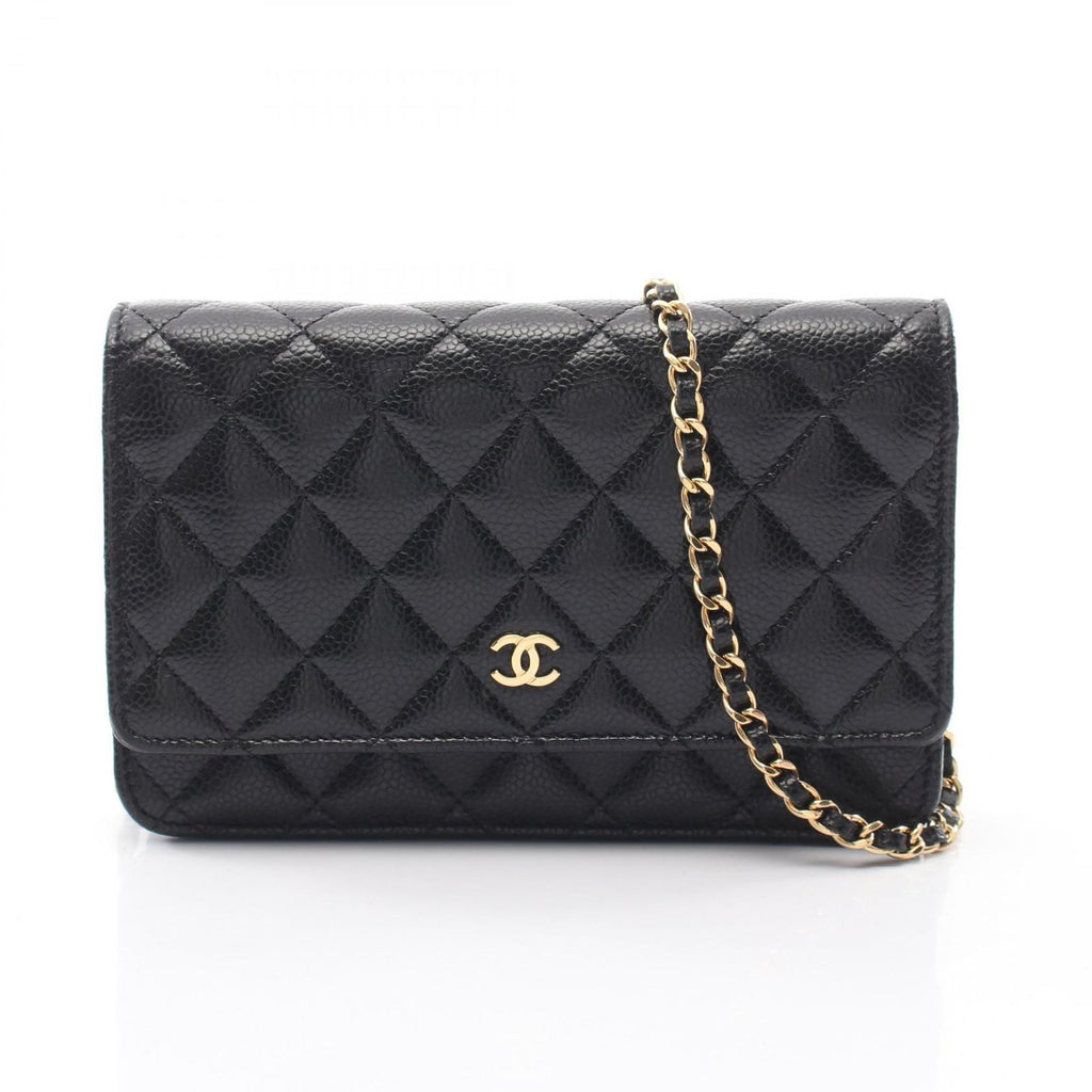 Chanel Shoulder Bag Quilted Black Caviar Leather Chain Wallet