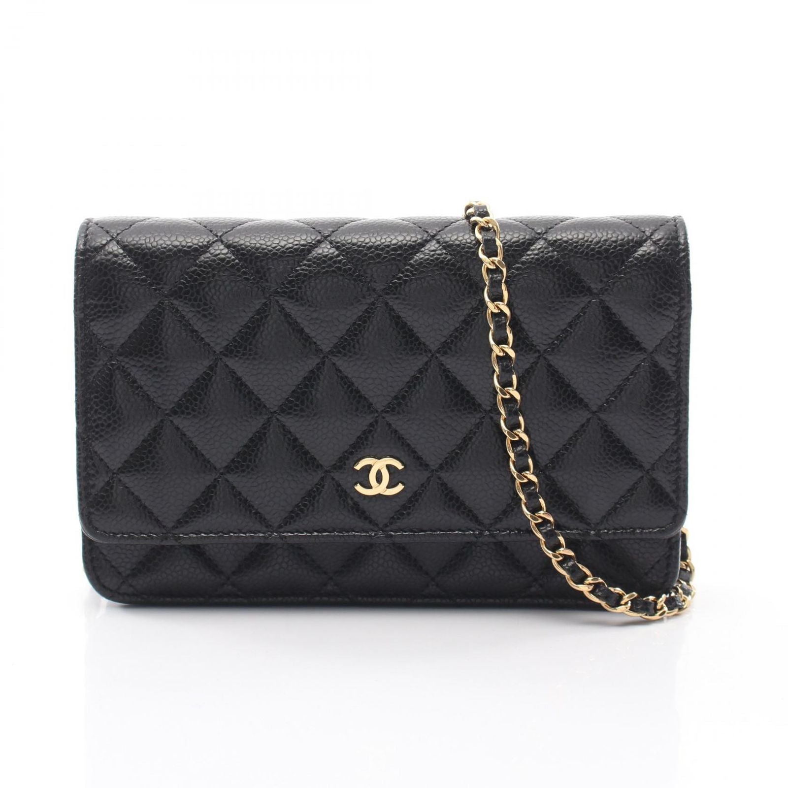 Chanel Shoulder Bag Quilted Black Caviar Leather Chain Wallet