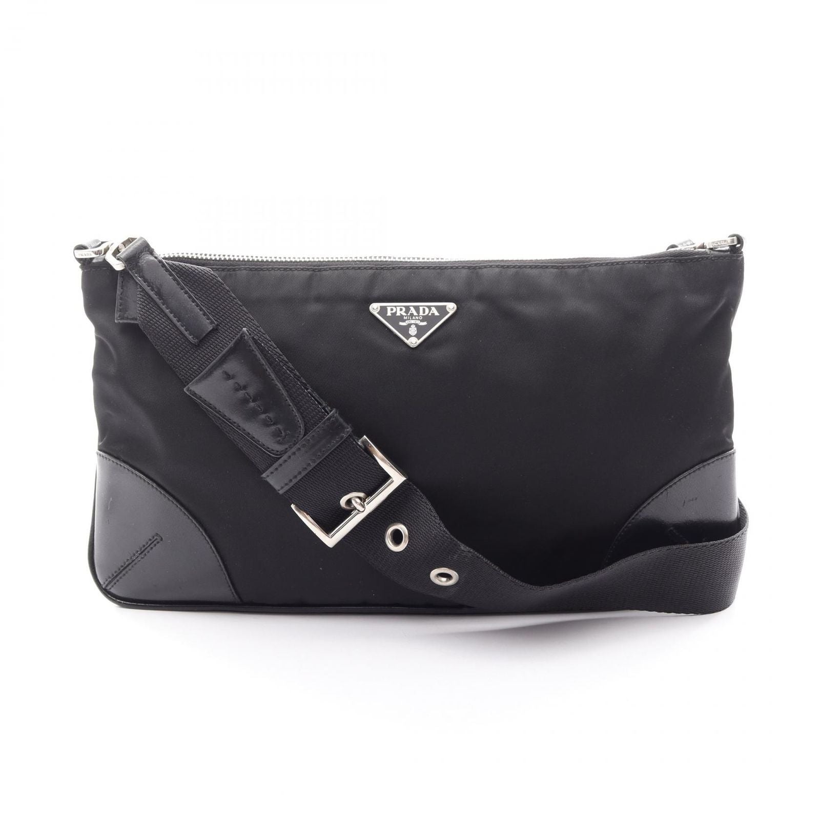 Prada Shoulder Bag Triangle Logo Black Nylon Leather