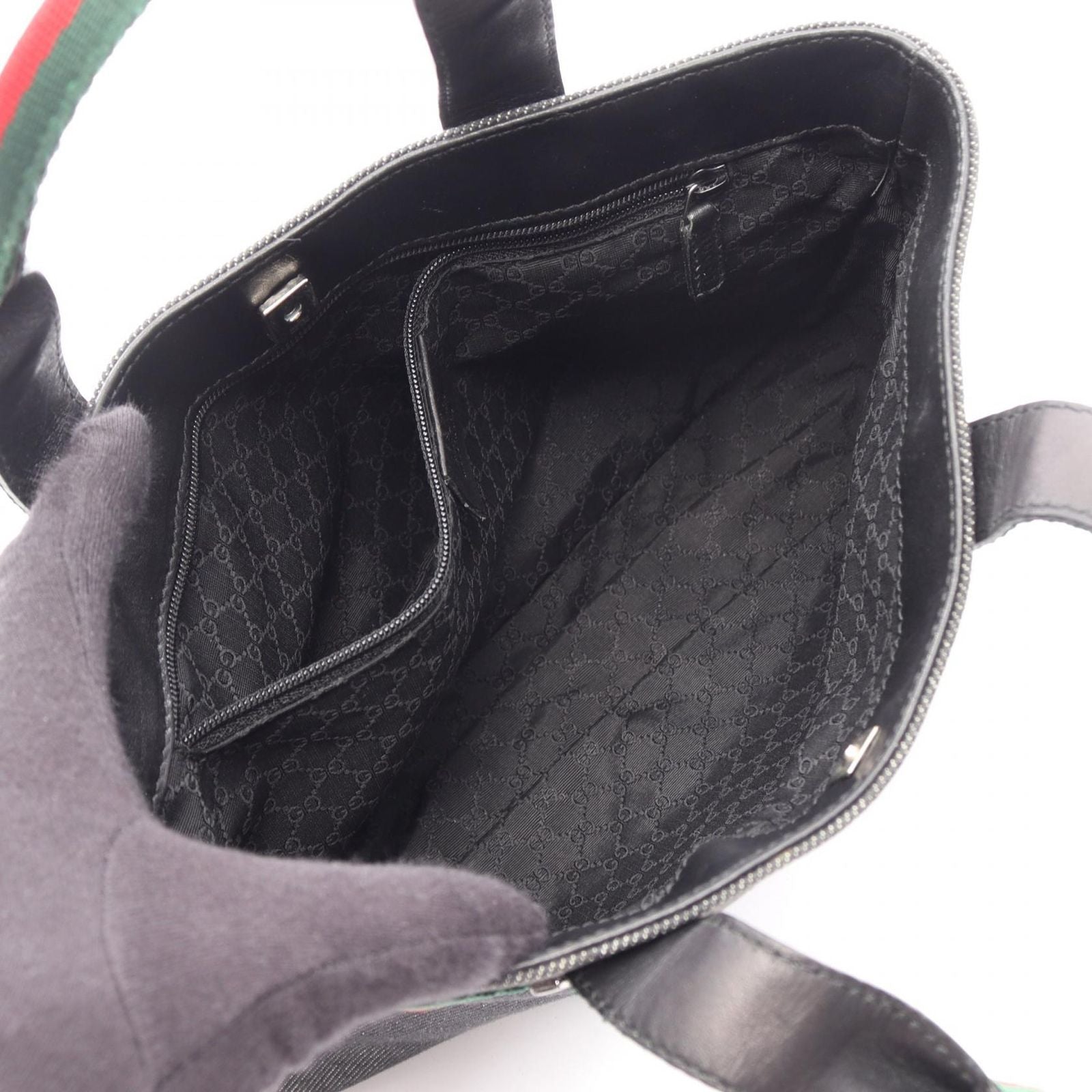 Gucci Handbag Sherry Line Black Green Red Canvas Leather Hand — view 3