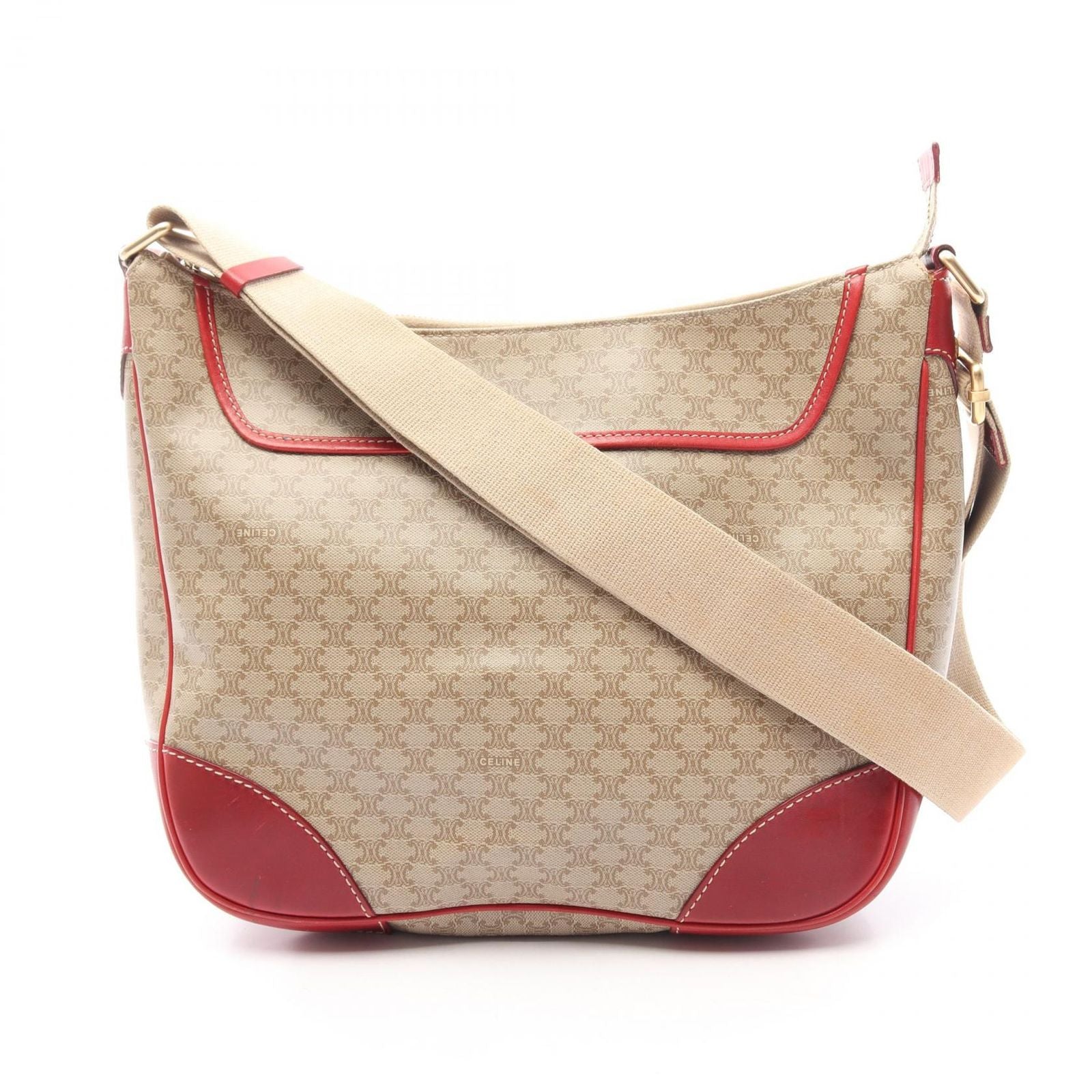 Celine Shoulder Bag Macadamia Beige Red Co Ting Canvas Leather