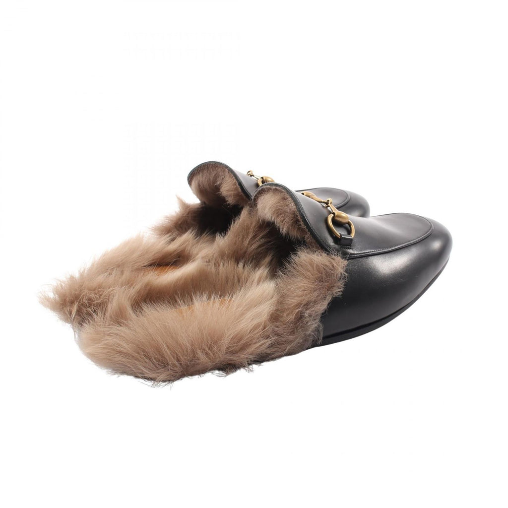 Gucci Sandals Prince Town Horsebit Black Leather Fur Slip on — view 2
