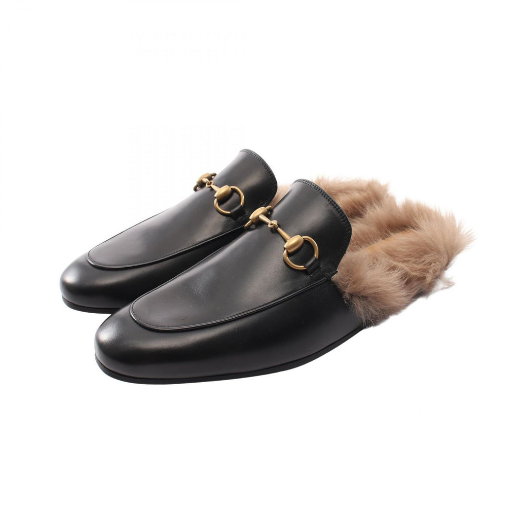 Gucci Sandals Prince Town Horsebit Black Leather Fur Slip on
