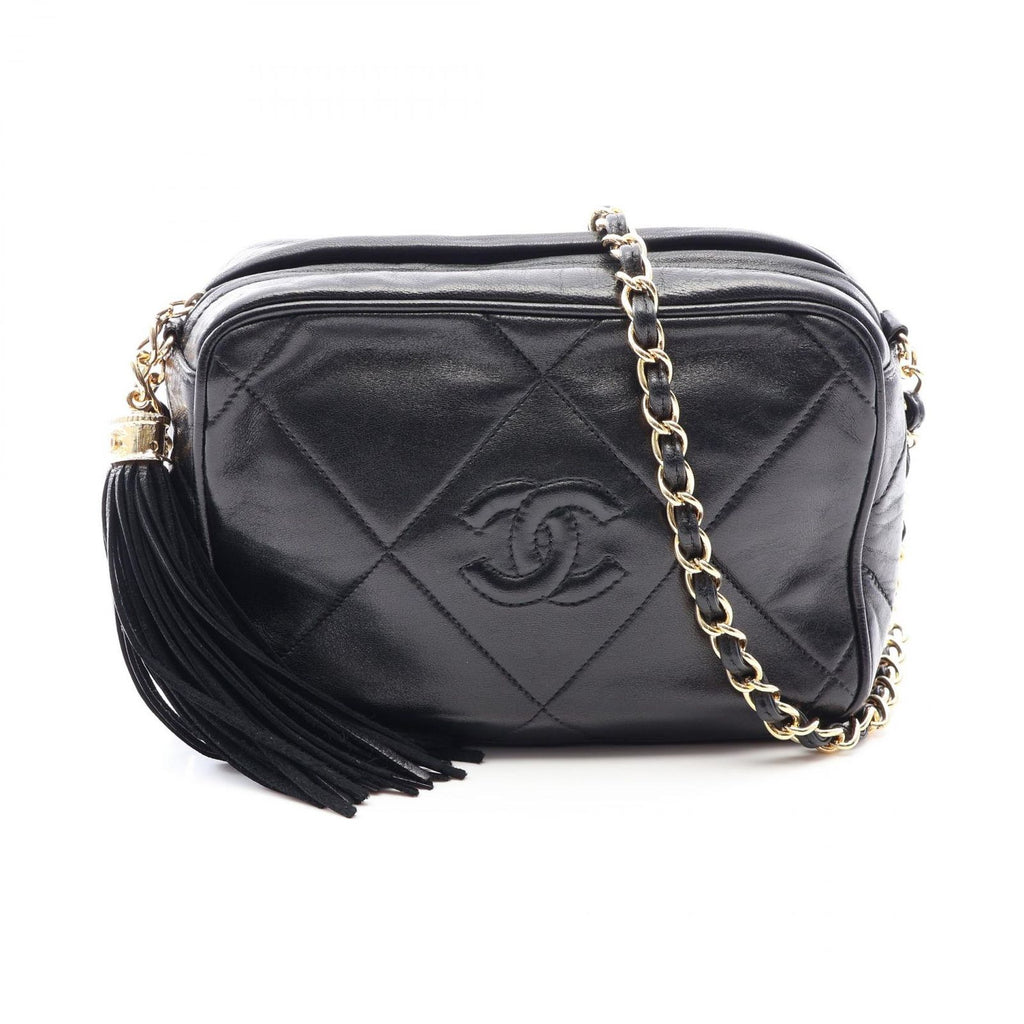 Chanel Shoulder Bag Quilted Tassel Black Lambskin Diamond Stitch Fringe Mini
