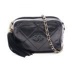 Chanel Shoulder Bag Quilted Tassel Black Lambskin Diamond Stitch Fringe Mini