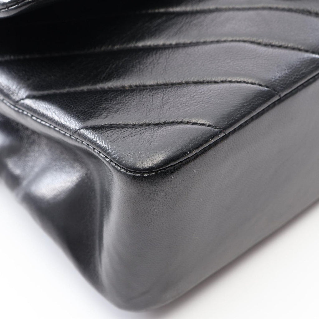 Chanel Shoulder Bag Shirley Blanc Stitch Double Flap Black Lambskin Chain — view 9