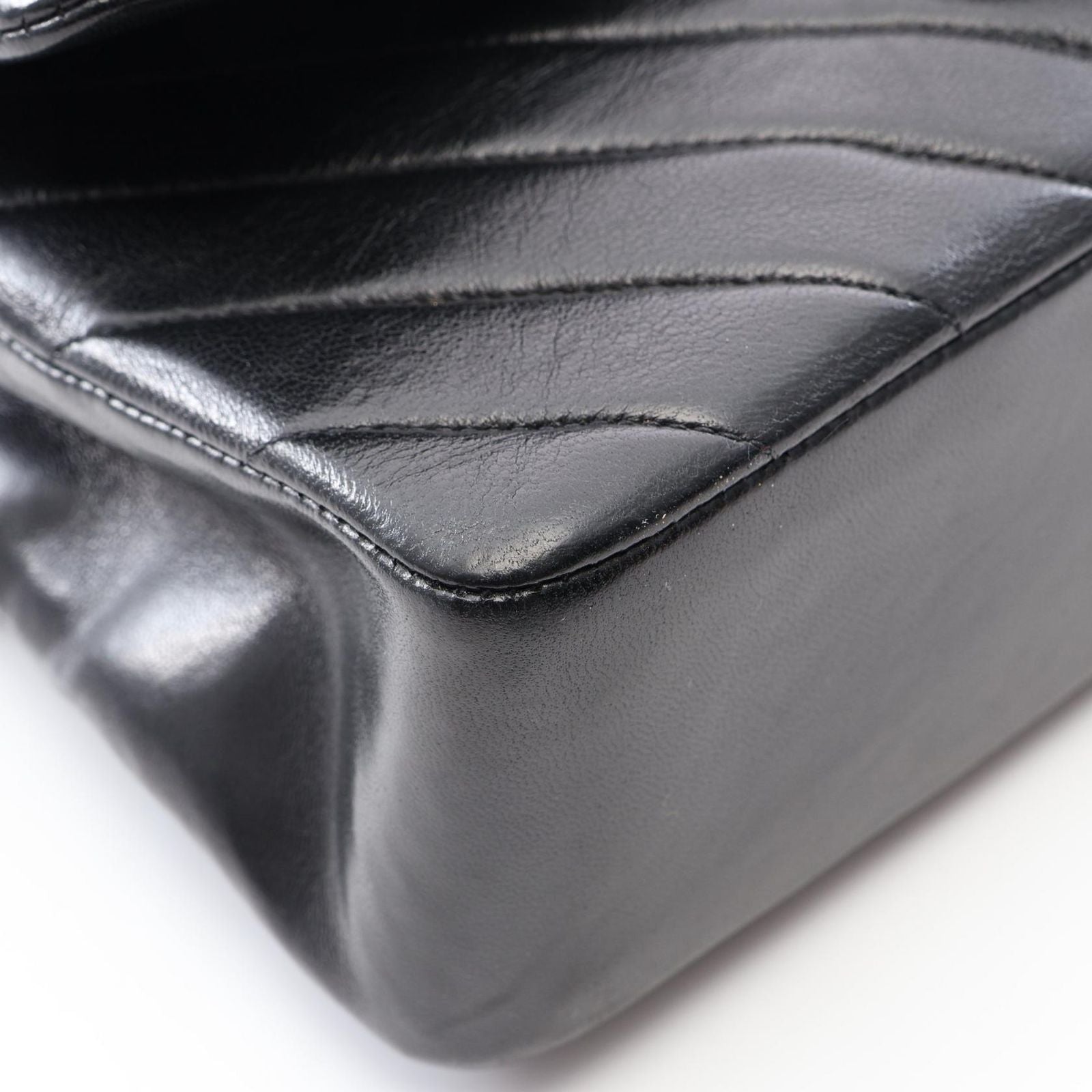 Chanel Shoulder Bag Shirley Blanc Stitch Double Flap Black Lambskin Chain — view 9