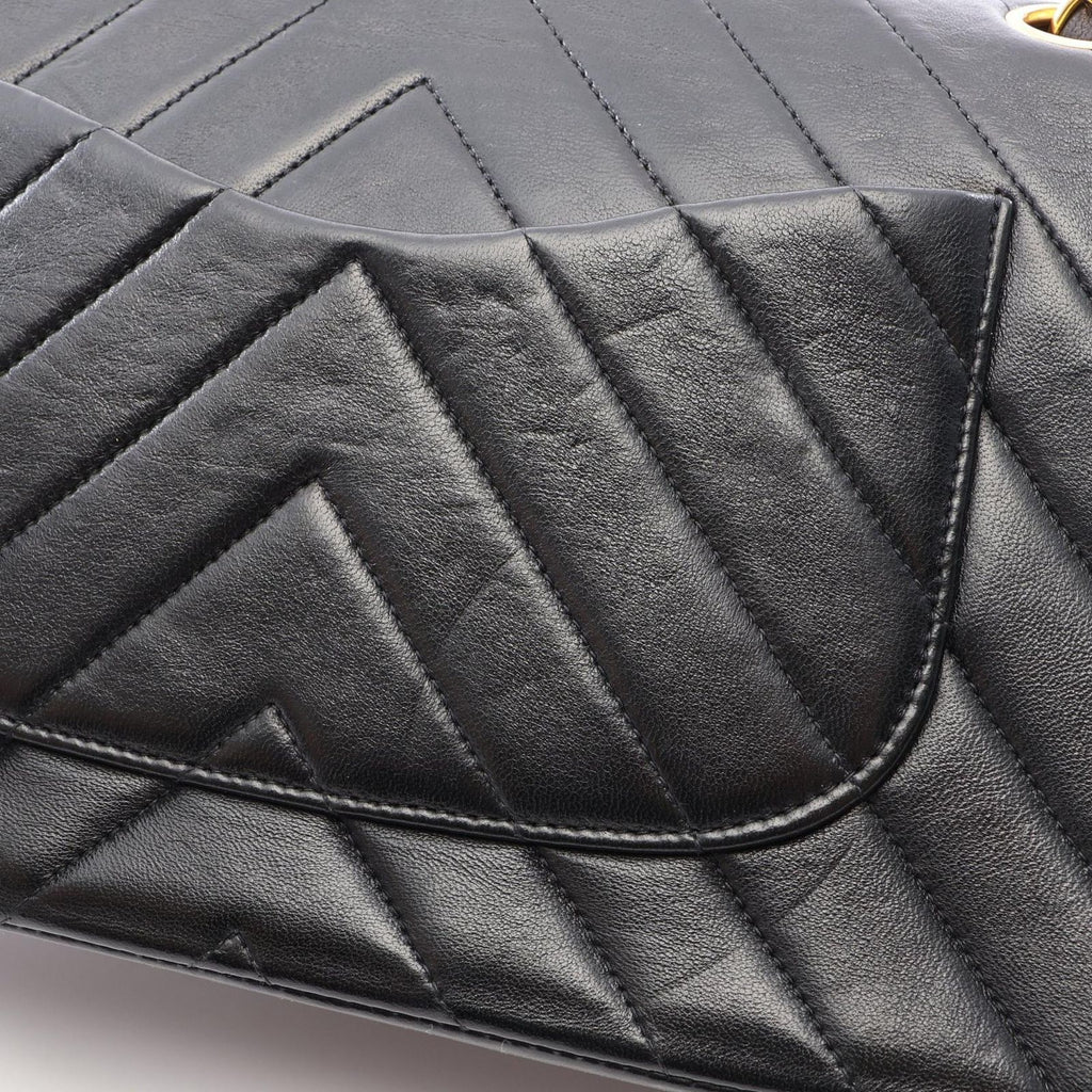 Chanel Shoulder Bag Shirley Blanc Stitch Double Flap Black Lambskin Chain — view 7