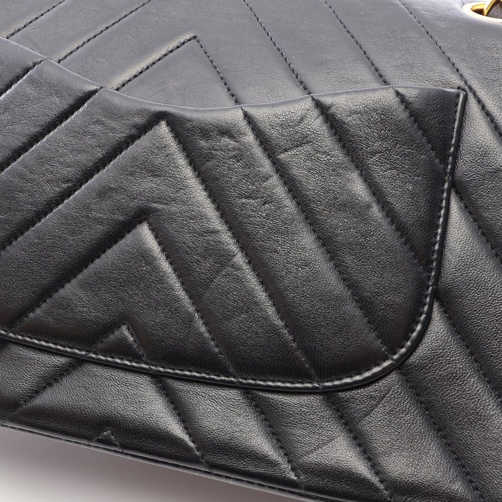 Chanel Shoulder Bag Shirley Blanc Stitch Double Flap Black Lambskin Chain — view 7