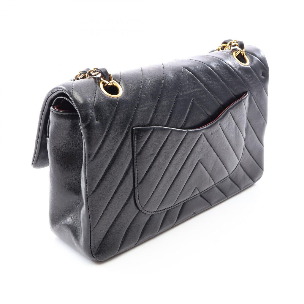 Chanel Shoulder Bag Shirley Blanc Stitch Double Flap Black Lambskin Chain — view 2