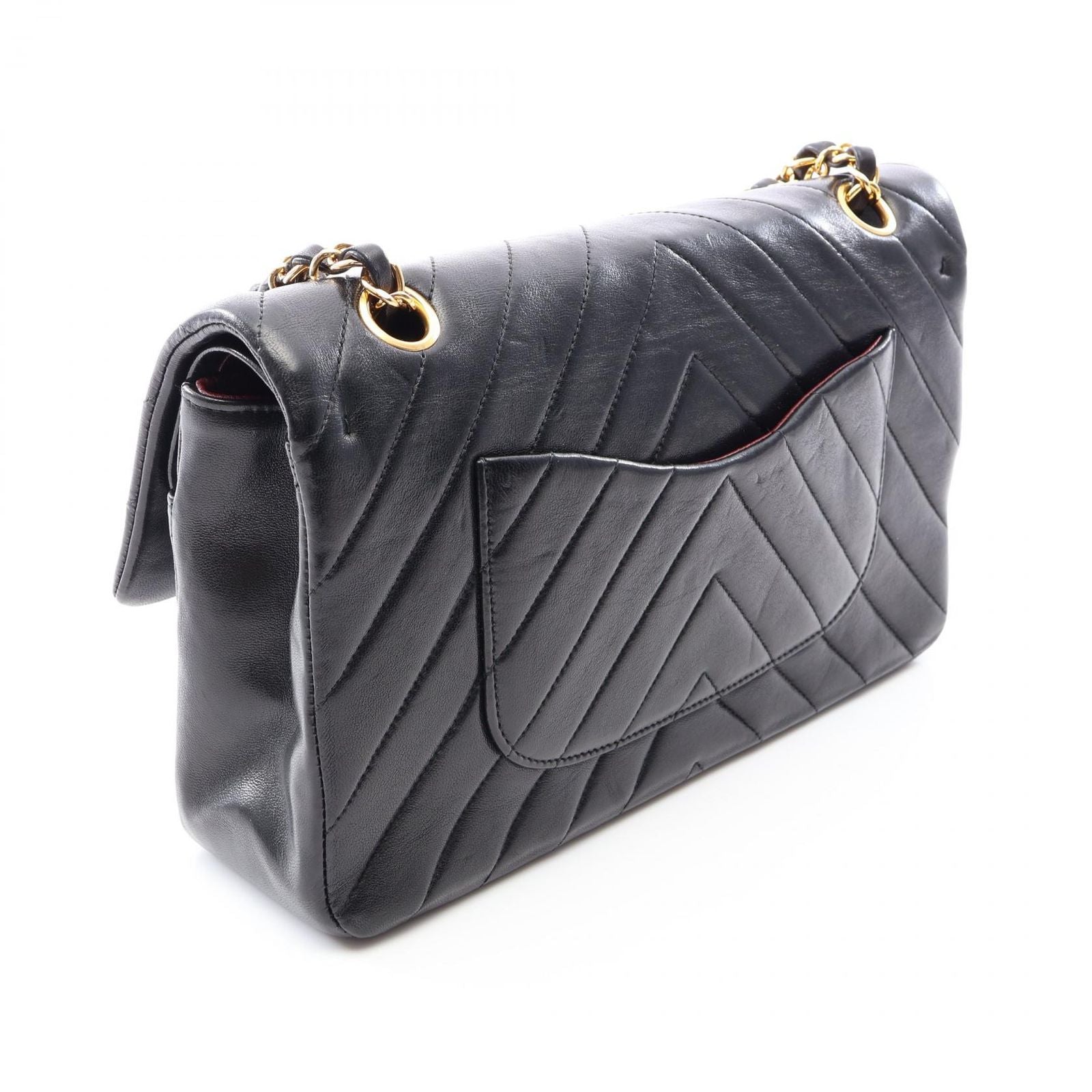 Chanel Shoulder Bag Shirley Blanc Stitch Double Flap Black Lambskin Chain — view 2