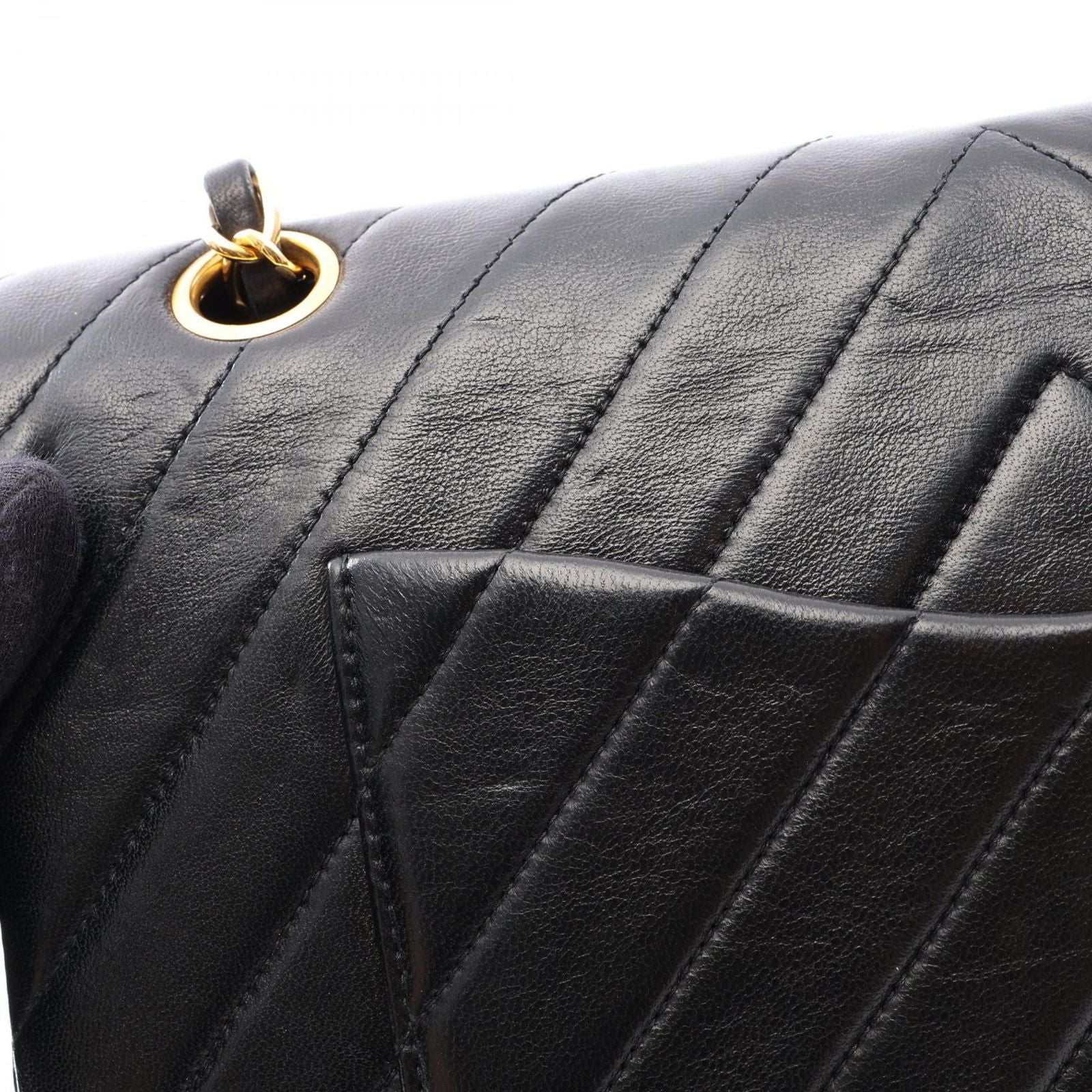 Chanel Shoulder Bag Shirley Blanc Stitch Double Flap Black Lambskin Chain — view 6